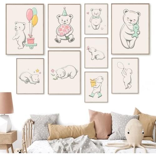 Bear Balloon Flower Toy Star Gift Bow Butterfly Wall Art Canvas Painting Nordic Posters And Prints Wall Pictures Kids Room Decor