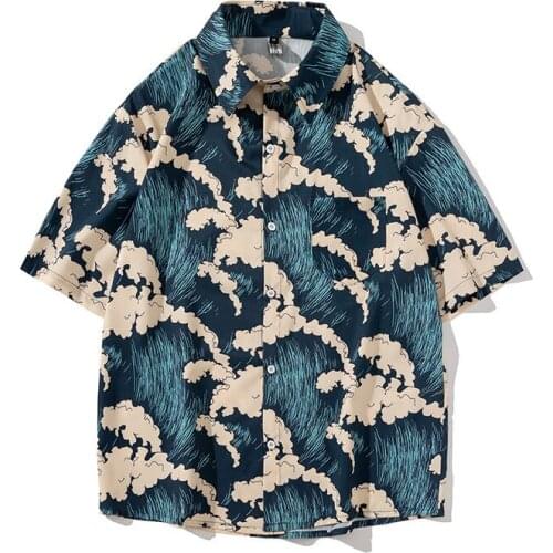 Fashion Shirt Men 2021 Trending Waves Landscape Print Japanese Women Streetwear Loose Tops Hawaiian Short Sleeve Shirts