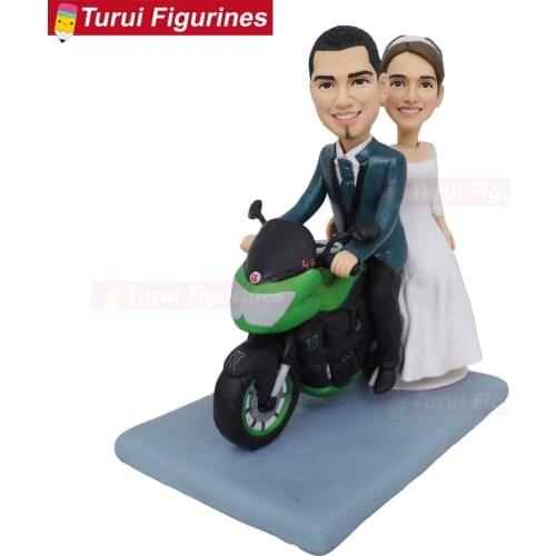 Motorcycle cake toppers wedding bride and groom motorbike figure sculpture statue doll decorations