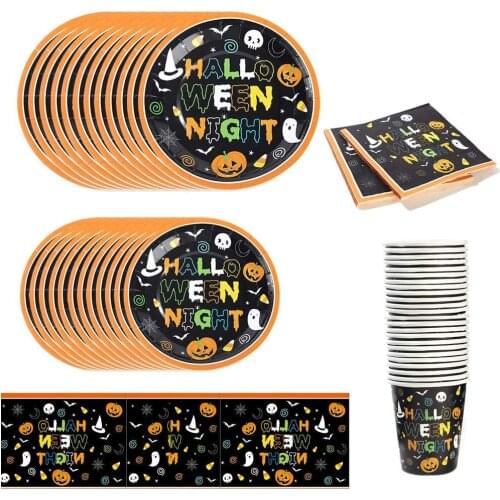 Halloween Party Decoration Tableware Sets Supplies Disposable Dinnerware Castle Plate Dinner Cup Straw Tablecloth Kids Favor
