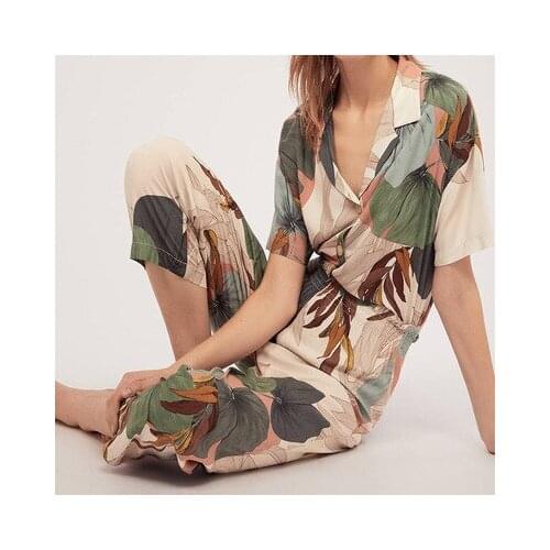 New Autumn Ladies Pajamas Set Summer 2 Piece Short Sleeve Ice Silk Women Pijamas Palm Print Female Sleepwear Home Clothes Pyjama