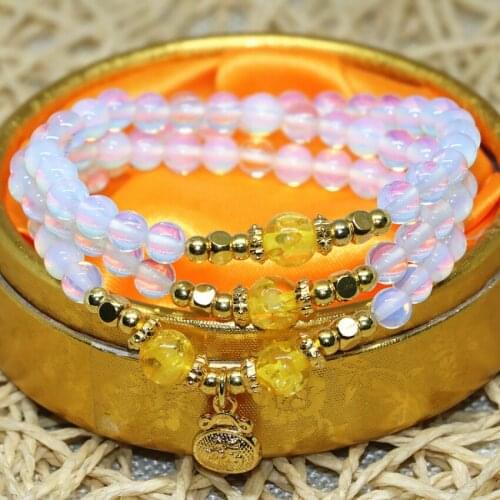 Original design wholesale price white 6mm round beads opal moonstone long multilayer elastic bracelets for women jewels B2245