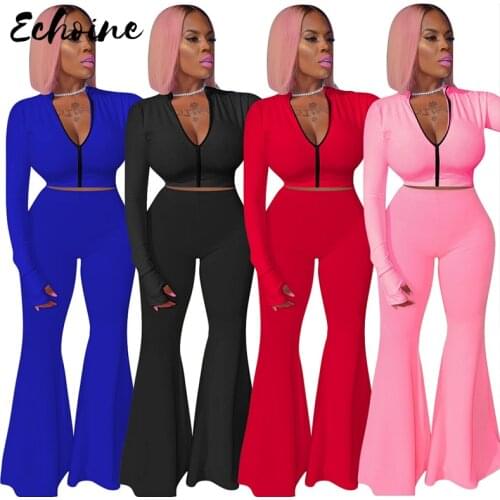 Autumn Winter Womens Set Zipper Up Tops Wide Leg Flare Bellbottom Pants Suit Tracksuit Sport Two Piece Set Fitness Outfits