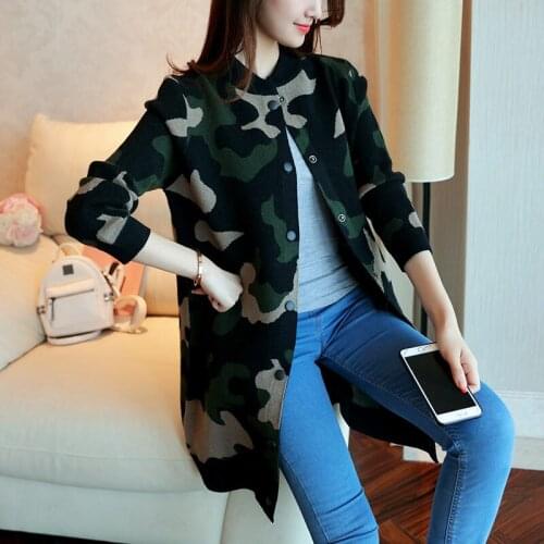 Autumn Camouflage Knit Cardigan Coat Women 2019 Fall Fasion New Sweater Jacket Pink Army Green Print Casual Blusa Tops f1707