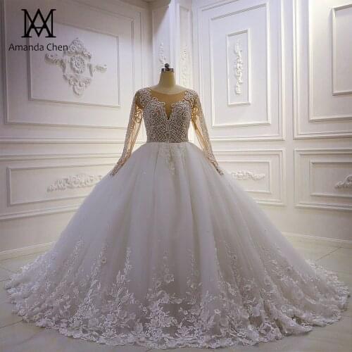 Vestido de noche Lace Appliques Beading Full Sleeve See Through Wedding Dress