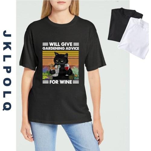 JKLPOLQ Womens T-shirt Black Cat Will Give Gardening Advice For Wine Cat Lovers Vintage Funny Unisex T-Shirt Tee