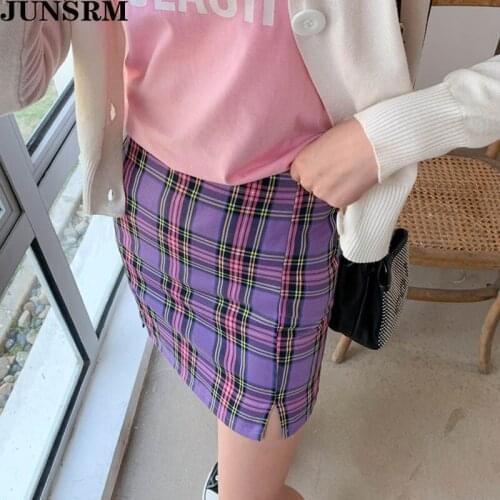New Arrival 2020 Korean 6colors Summer Plaid Sexy Mini Clothes Womens Kawaii Purple Pencil Skirts Vintage Harajuku Split Skirt