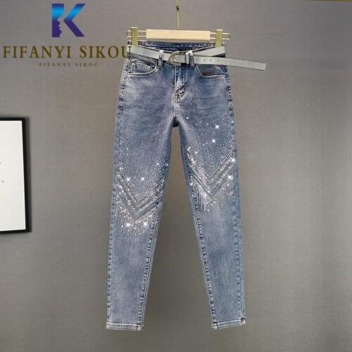 Jeans for Women 2021 Spring Fashion Diamonds Pocket High Waist Jeans Slim Stretch Jeans Female Casual Washed Denim Pencil Pants