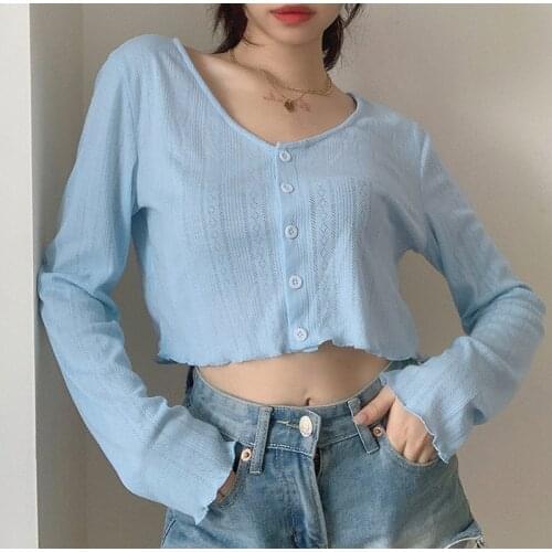 JMPRS Sexy V-Neck Women Crop Top Fashion Summer Thin Button Up Sweet Hollow Out White Shirts Casual Korean Loose Tops New 2021