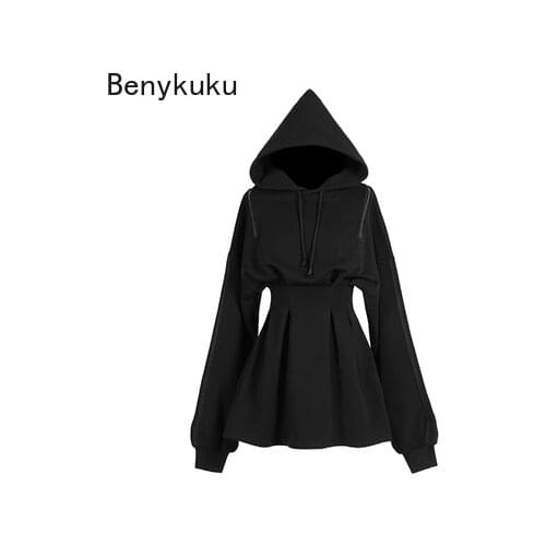 Women Gothic Girls Punk Mini Sweater Dress Autumn Winter Streetwear Long Sleeve Hat Collar Sexy Black Dresses Fashion Hoodies