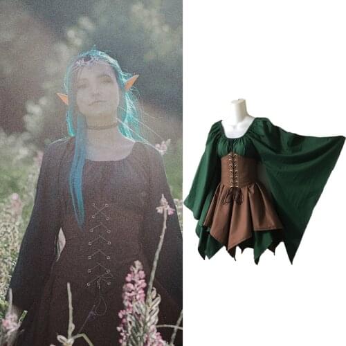 Women Victorian Gothic Medieval Dress Elf Elves Cosplay Costumes Fairy with Bandage Corset Retro Clothing for Halloween Carnival