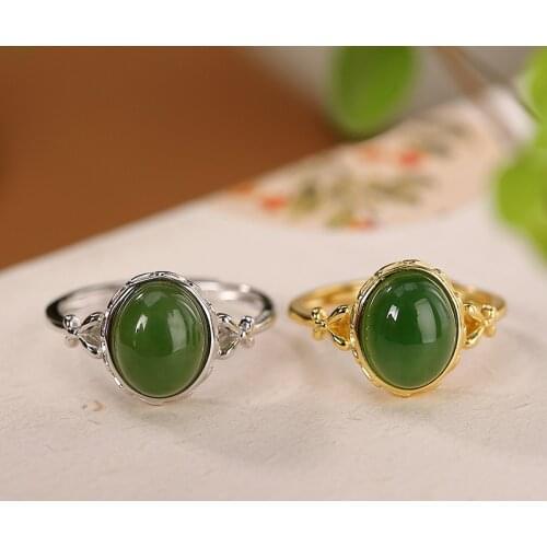 S925 sterling silver gold-plated natural Hetian jade ring personality affordable luxury bow Womens Open ring