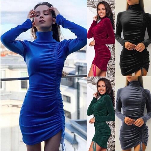 2021 Casual Solid Bodycon Folds Drawstring Womens Dress Spring Autumn Fashion Turtleneck Long Sleeve Elegant Ladies Mini Dress