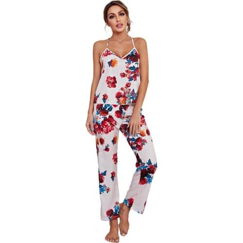 2021 Dropshipping Womens Night Set Floral Printed Vest Pant Suit Summer Sleepwear 2 Piece Pajamas