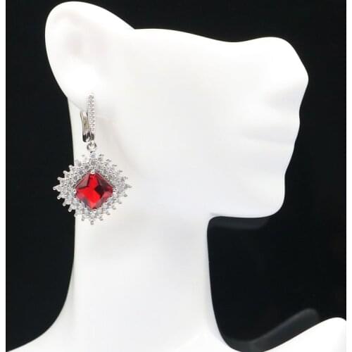 40x23mm Anniversary Square Shape Created Red Blood Ruby Pink Kunzite CZ For Sister Dating Silver Earrings