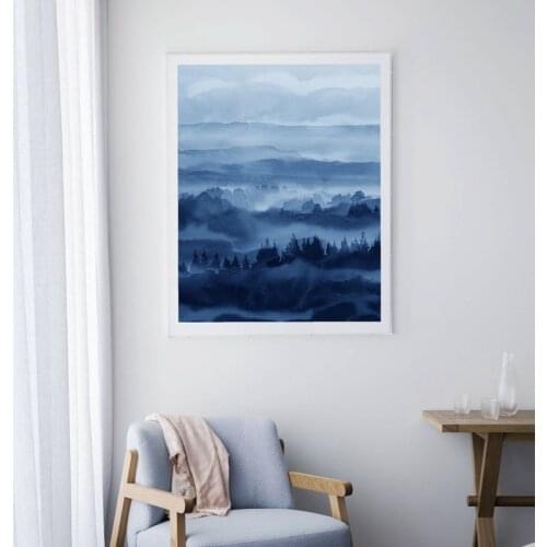 Forest Print Blue Forest Abstract Watercolor Art Canvas Painting Misty Forest Wall Art Picture Poster Home Modern Wall Decor