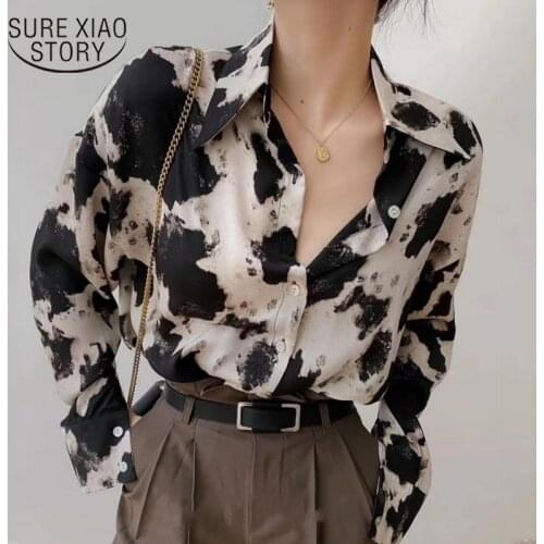 Long Sleeve Blouse Cow Print Button Up Shirts Women Korean Spring Clothes Chiffon Streetwear Plus Size Tops 2021 New Blusas13486