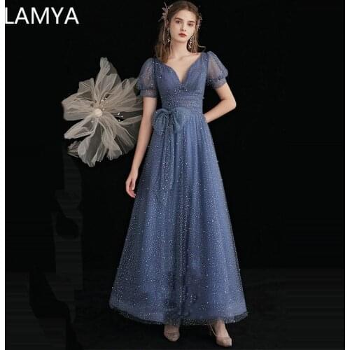 LAMYA Elegant Blue Starry Prom Dresses Simple Formal Dress With Short Puff Sleeve Summer Plus Size Long Party Gowns For Women