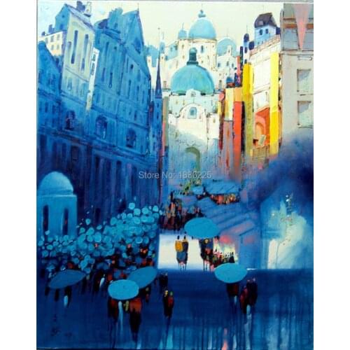 Scenery oil paintings paris street landscape handmade modern paintings with a knife modern city peoples with umbrella landscape