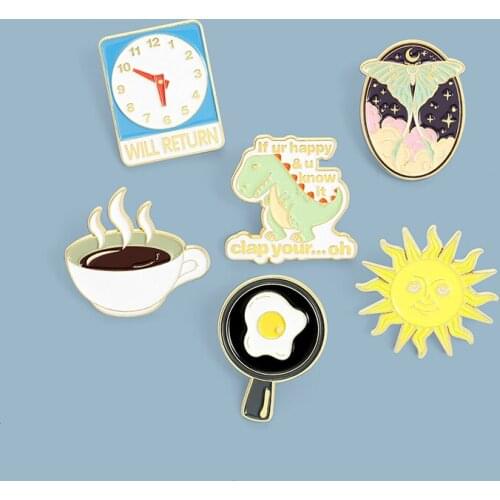 Coffee Sun Dinosaur Brooch Creative Coffee Brooch Funny Fried Egg Brooch Cute Backpack Badge Lovely Cartoons Badge Fashion Pins
