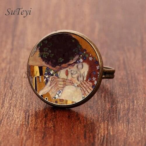SUTEYI Classic The Kiss Gustav Klimt Ring Vintage Art Painting Glass Cabochon Charms Adjustable Rings For Women Jewelry
