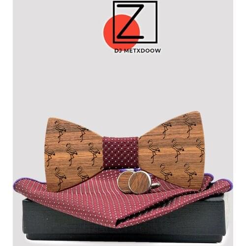 Wooden Bow Tie Set for Mens Wood Bowties Handkerchief Cufflinks helloween Set Gravatas Wedding Flamingo Strip cadeau homme