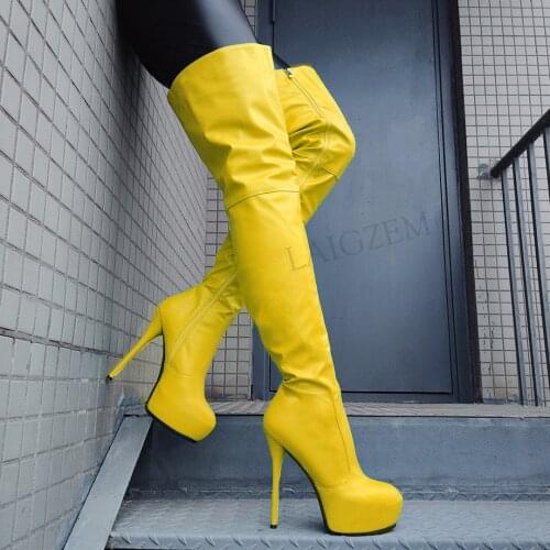 LAIGZEM SUPER Women Crotch High Platfrom Boots Zip Up Boots Stiletto High Heels Shoes Woman Female Handmade Big Size 44 48 52