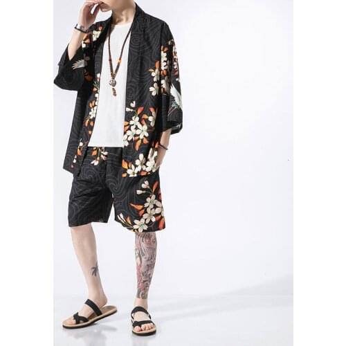MrGB Crane Graphic Chinese Style Men Suit Short Sleeve Hanfu Cardigan Kimono Sunscreen Oversized Shorts Shirts Mens Clothing