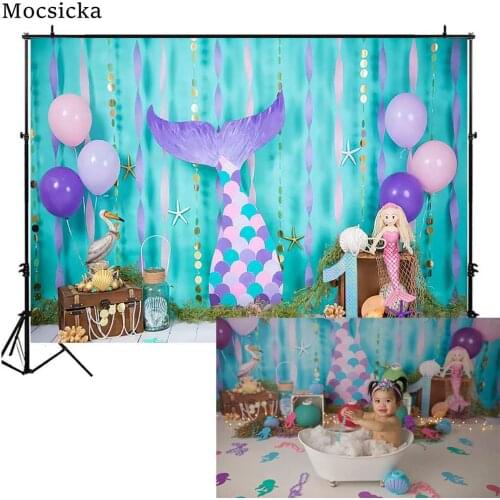 Mocsicka Undersea Mermaid Baby 1st Birthday Portrait Backdrop Photography Kid Birthday Party Cake Smash Photo Background Balloon