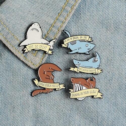 Cartoon sea animal shark brooch Banner Gonna Goblin you up Basking in your glow Just so Great Ive got my bigeye on you badge pin