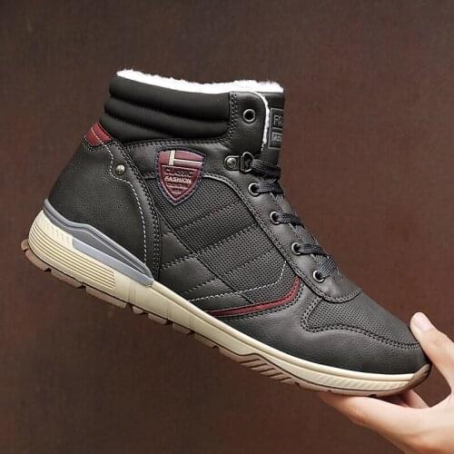 Leather Men Boots lace up Winter with Fur Warm Snow Boots Man Casual Vogue Shoes High Quality outdoor Ankle Boots Men