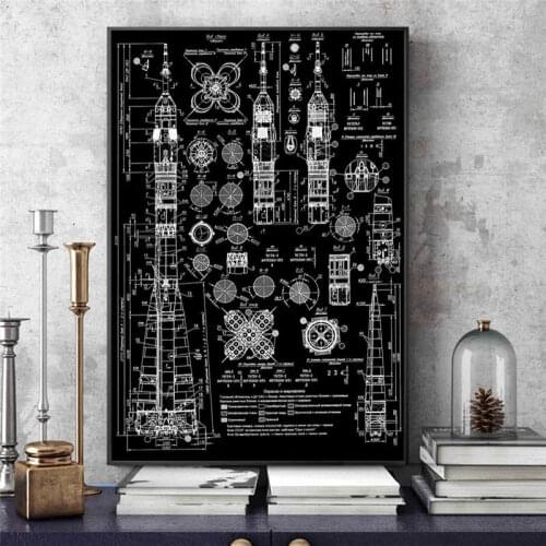 Soyuz Blueprint of Russian Rocket Canvas Painting Posters and Prints Pictures Black White Picture on Wall Art Cuadros Home Decor