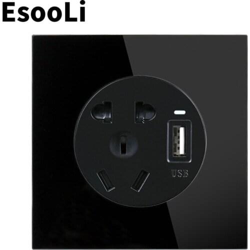 Esooli Black 3 colors Crystal Glass Panel 10A Wall Outlet Universal 5 Hole Power Socket With USB Fast Charging Port DC 5V 2.1A
