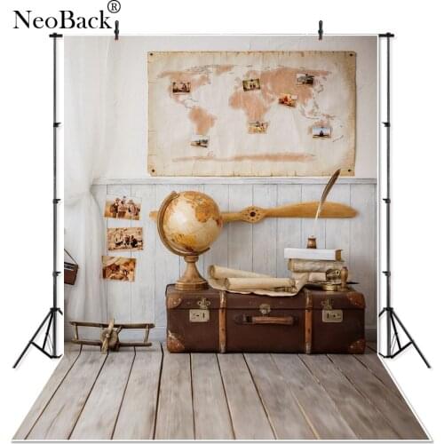 NeoBack Vinyl New Born Baby World Map Photography Backdrop Children Kids Travel Suit Case Studio Portrait Photo Background