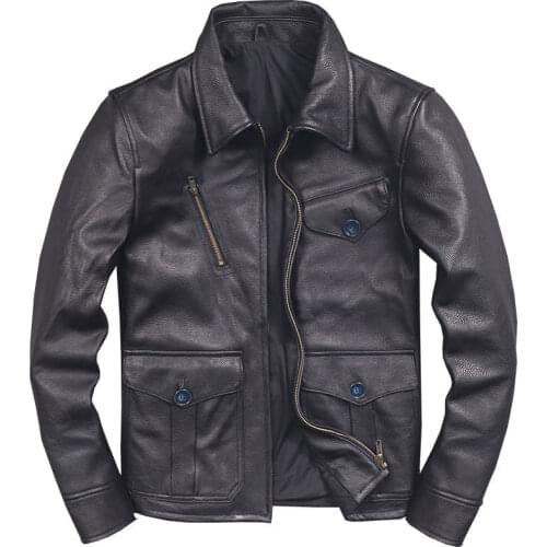 First Layer Short Cowhide Motorcycle Clothing Autumn and Winter Youth Lapel Slim -Fit Leather Coat