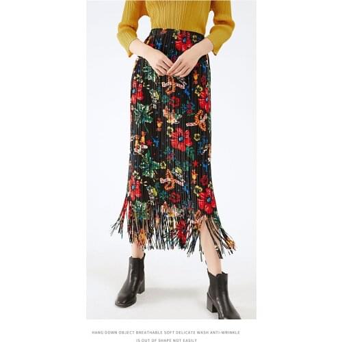 HOT SELLING Miyake fold Wide-brimmed twill pleated Weave tassel skirt pleated skirt Retro floral print skirt IN STOCK