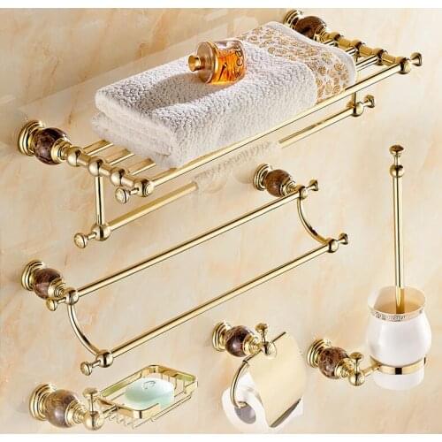 Luxury solid brass and jade gold finish Bathroom Accessories Set,Robe hook,Paper Holder,Towel Bar,Soap basket