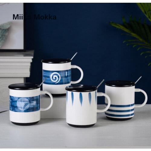 Japan Style Blue and White Ceramic Mug Modern Simple Coffee Mug with Lid Spoon Home Office Coffee Cup Milk Cup Gift Water Cup