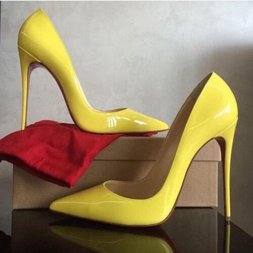 Moraima Snc Yellow patent leather High Heel Shoes Woman Pointed Toe Shallow Stiletto Heels 12CM Thin Heel Dress Shoes