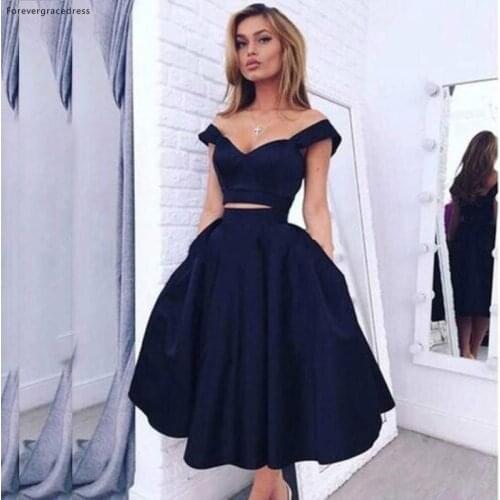 Gorgeous Dark Navy Blue Prom Dress Two Pieces Tea Length Summer Special Occasion Dress Cocktail Evening Party Women Wear