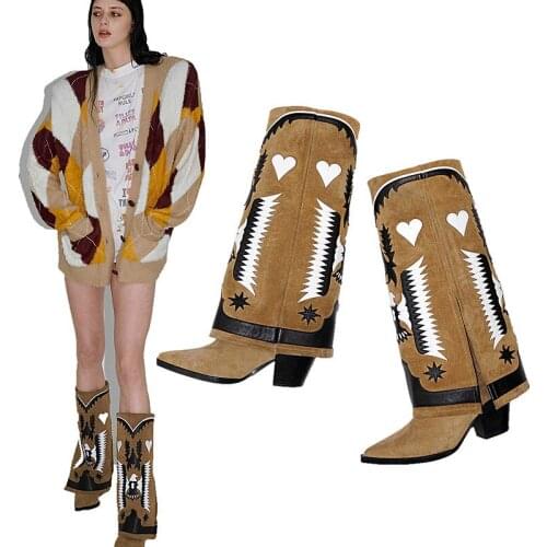 2021 New Winter Punk Sexy WESTERN Boots Embroidery Pointed Toe Mid-Calf Boots Band Design Night Club Woman Warm Shoes