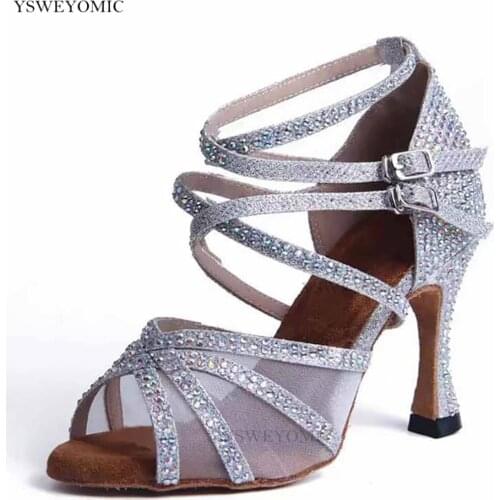 Salsa Latin Dance Shoes YSWEYOMIC 2022 Silver Glitter With Rhinestone Professional Dance Shoes For Women ZAPATOS DE BAILE LATINO