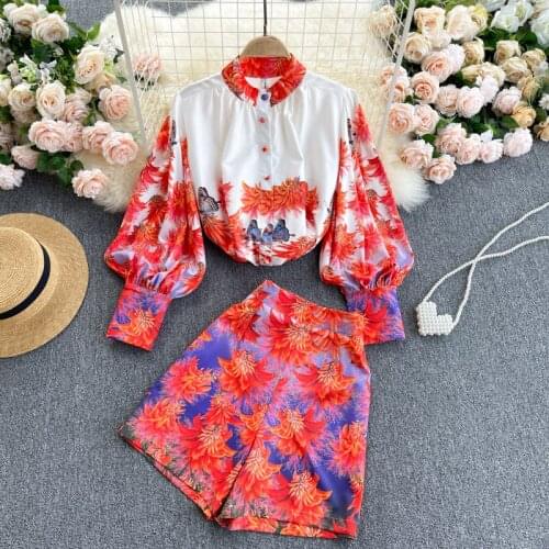2021 Women Summer Suit Fashion New Vintage Long Lantern Sleeve Single Breasted Print Shirt + Wide Leg Shorts Two Piece Sets