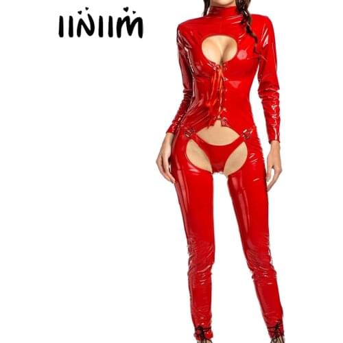 Women Open Crotch Bodysuit Shiny Wetlook Patent Leather Jumpsuit Sexy Lingerie Long Sleeve Crotchless Open Butt Leotard Thongs