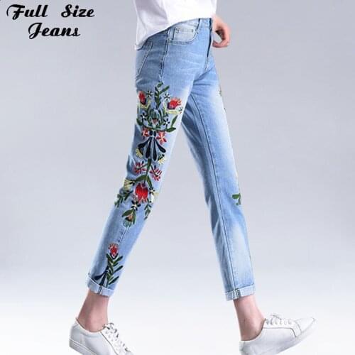 Summer Floral Embroidery Ankle Length Jeans Women Light Blue Denim Pants High Waist Plus Size Straight Jeans