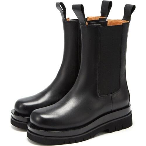 Men Streetwear Casual Thick Sole Platform Genuine Leather Boots Male Cowhide Leather Mid-tube Chelsea Boots Shoe