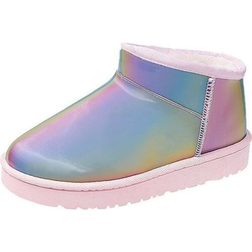 Flat Snow Boots Female Short Boots Plus Velvet Thick Patent Leather Color Luminous Waterproof Non-slip Cotton Shoes