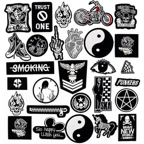 Punk Black Clothes Patch Letters Label Iron on badges Embroidered Stickers Applique for Jacket Jeans Cloth Decoration
