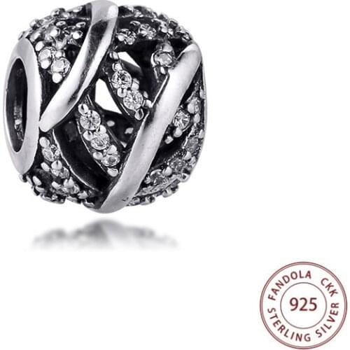 CKK 100% 925 Sterling Silver Clear CZ Pave Feather Beads Charm for Jewelry Making Fit Original Bracelet Argent