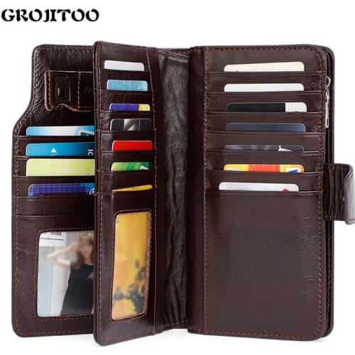 GROJITOO Business Leisure Cow Leather Mens Wallet RFID Multi Card Multi-functional Hand Bag Genuine Leather long wallet men bag